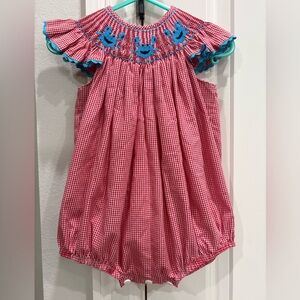 Mom & Me red and white gingham smocked bubble with blue crabs 9 months GUC